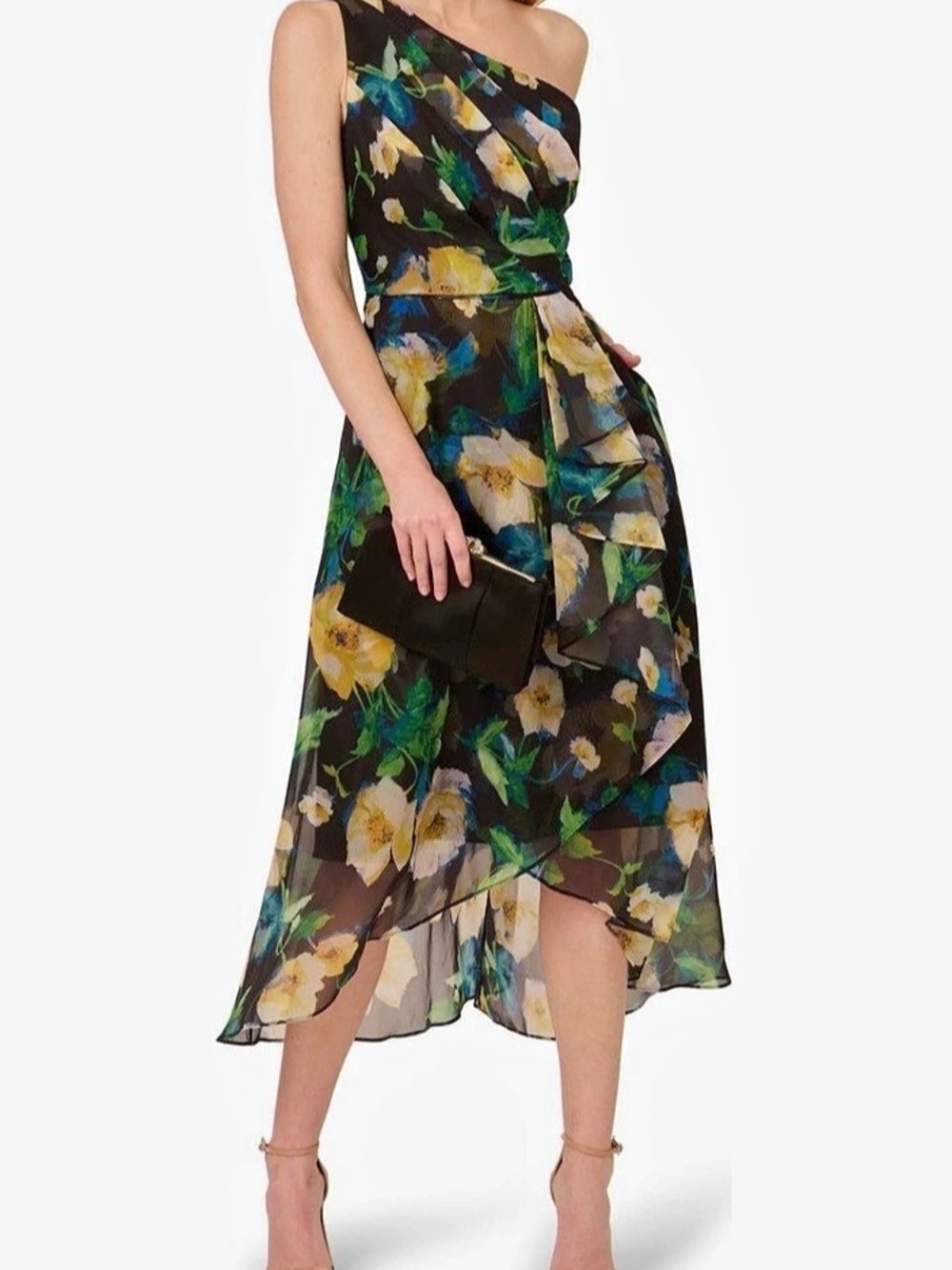 Adrianna Papell One-Shoulder Floral Midi Dress